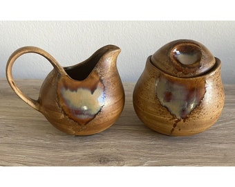 Sango Splash Drip Glaze Brown Creamer & Sugar Set Vintage Rustic 3 pieces
