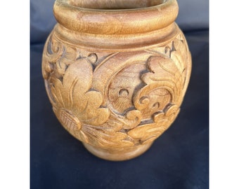 Vintage Indonesian Balinese Hand Carved Wood Container Jar Vase 6-1/4" x 6-1/2"