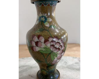Brass & Enamel Cloisonné Vase Vintage 9&quot; Floral Chrysanthemum Multicolor Asian
