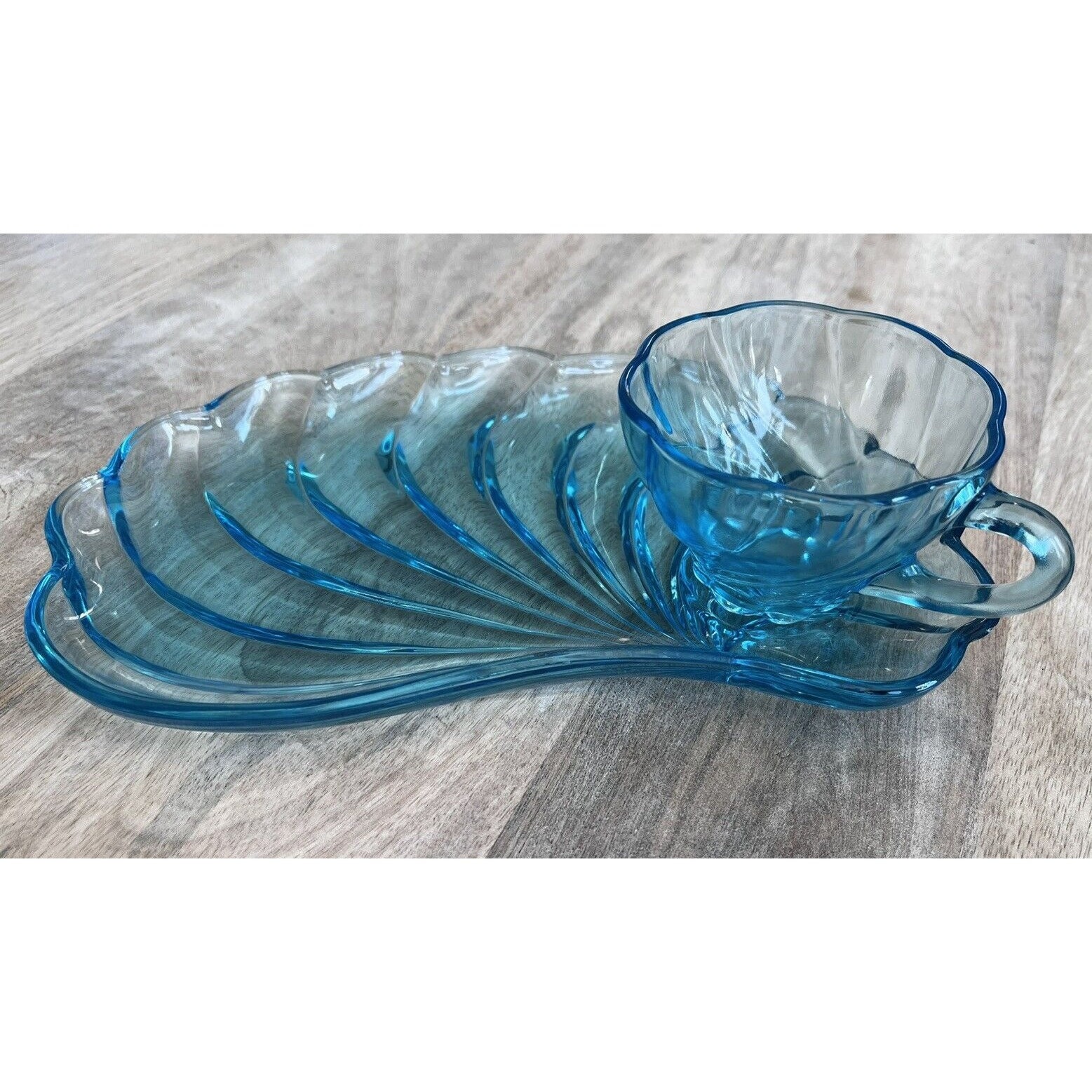 Vintage 1960s Blue Glass Hazel Atlas Capri Snack Sets Vintage 1960s Blue Glass Hazel Atlas Capri Snack Sets