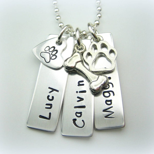 Special for Jenna Dog name tag with three charms hand stamped necklace