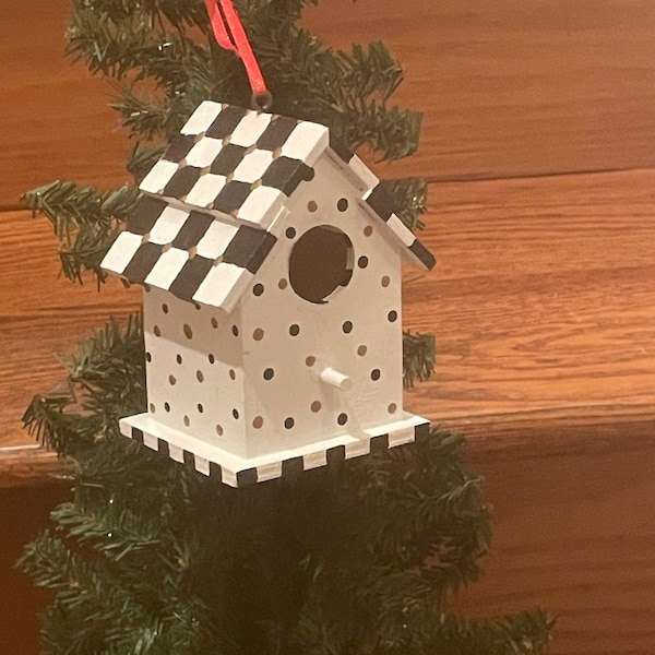 Christmas Ornament Hand Painted Birdhouse Black & White Checks