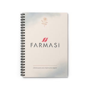 May include: A spiral-bound notebook with a cream-colored cover featuring the "FARMASI" logo in dark gray and red, a rose illustration, and the text "Libreta para una empresaria digital" in a light brown color.
