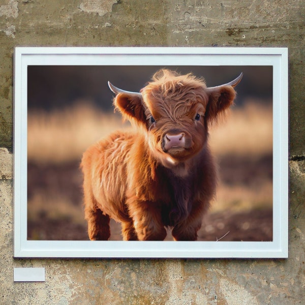 Printable Photo of Baby Scottish Highland cow in a field, Farmhouse decor,nursery gift, Instant Download