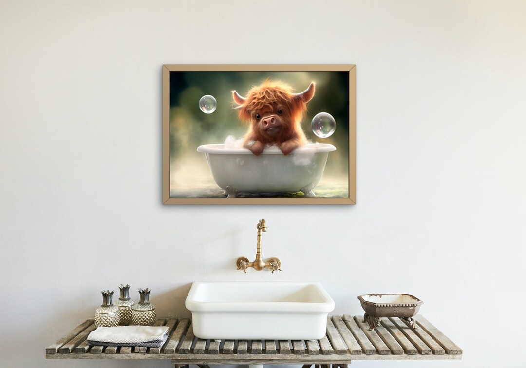 Baby Scottish Highland Cow in a Tub Wall Art Print, Nursery Room Decor