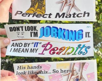 Funny Bumper Stickers (Jorking it, Rat, Hard while Driving, I can’t See, His boots Her Flops, His hands look this this so hers can look like