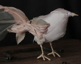 Unique pure silk shabby chic bird. Hand sewn. ooak love gift, love bird ornament, rustic textile art, rustic wedding gift, vintage gift
