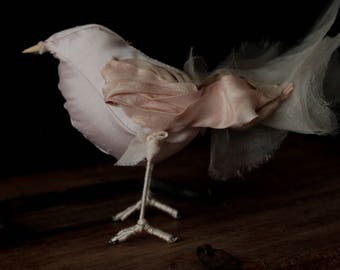 Unique pure silk shabby chic bird. Hand sewn. ooak love gift, love bird ornament, rustic textile art, rustic wedding gift, vintage gift