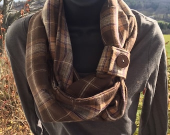 Flannel Infinity Scarf with Cuff - Brown - Many Options