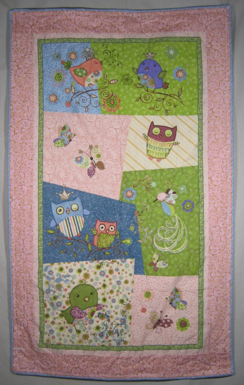 Birds and Owls Panel Quilt, Pink, blue and green.