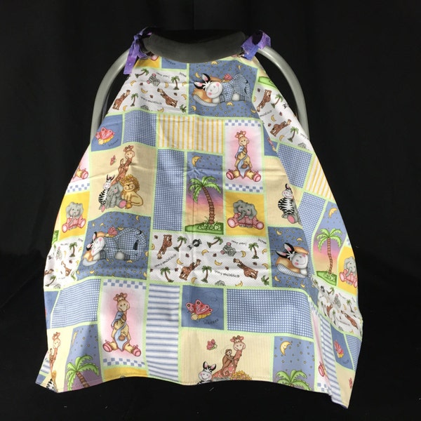 Reversible Infant Car Seat Canopy -Bazooples Zoo Animals in Pajamas / Purple with Stars