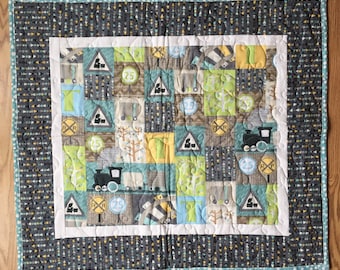 Tummy Time Play Quilt - Baby Shower Gift - Handmade Cotton Infant Playmat - Travel Friendly - Trains