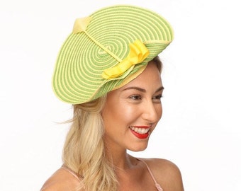 Yellow & Green Fascinator with  Bow and Quill Feather/ Kentucky Derby Fascinator/ Derby Hat