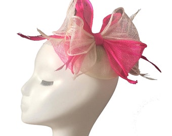 FAST SHIPPING OPTIONS! Pink and Ivory fascinator with Bow & Feather Detail/Kentucky Derby Fascinator/Derby Hat