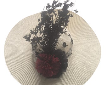 White Wide Brimmed Kentucky Derby Hat, Church Hat, Tea Party Hat with Floral Mesh and Feather Detaikl