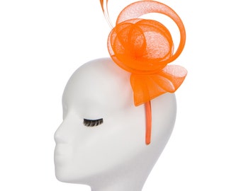 FAST SHIPPING OPTIONS! Orange fascinator hat with mesh and feather detail