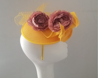 Yellow Fascinator with Pink Floral  Detail / Kentucky Derby Fascinator/ Derby Hat