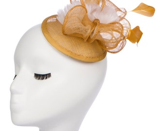 Marigold Yellow & White Fascinator with Feathers/ Kentucky Derby Fascinator/ Derby Hat