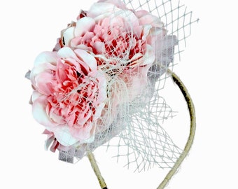 Pink and White Floral Headband Fascinator. New