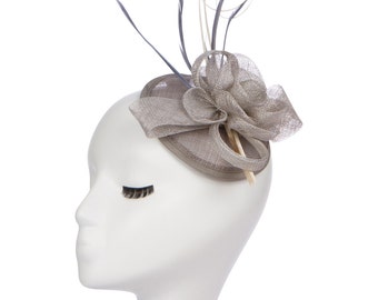 Silver Fascinator with Feathers and Statement Quill Detail/ Grey Kentucky Derby Fascinator/ Derby Hat
