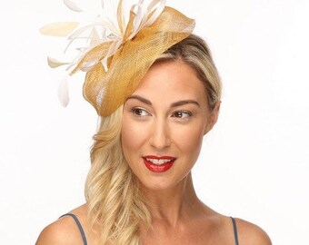 Yellow & White Fascinator with  Feather Detail/ Kentucky Derby Fascinator/ Derby Hat