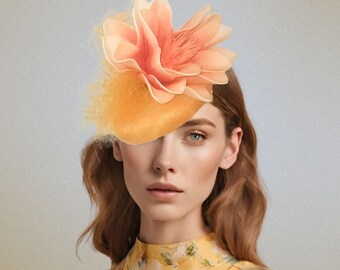 Yellow fascinator with Peach Flower Detail/Kentucky Derby Fascinator