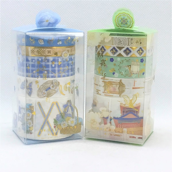 5pcs set, gold foil, washi tape. Spring, blue flowers. Cranes, pagoda, garden, temple.