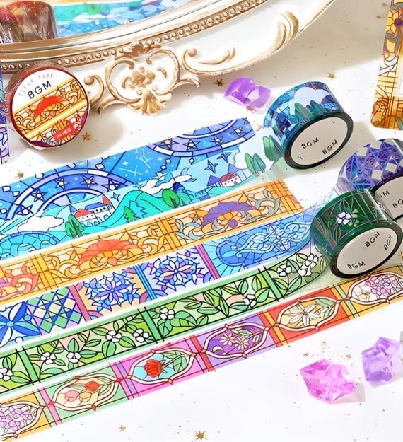 BGM. Stained Glass. Windows Details. PET Tape. Moon. Night. Lily