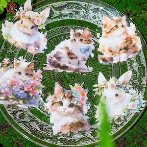 10 gefacetteerde PET-stickers. Tekenfilm. Konijntje. Katten. Katjes. Bloemen. Lente: