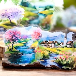 30 stickers PET mats. Paysage. Paysage. Montagnes. Vacances. Village. Sakura. Flux. Fleurs. Champs