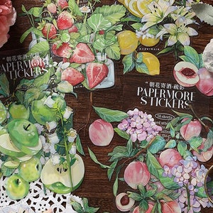 10, gros fruits, autocollants PET. Haute définition. Citrons. Hortensia. Fraise. Pêche. Pomme verte. Fleur