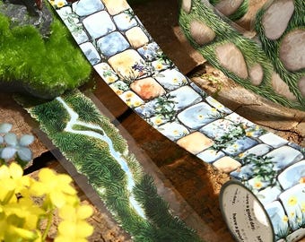 PET tape. Garden. Stone path. Backyard. Grass. Flowers. Stationery. Scrapbooking
