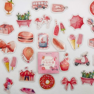 Kawaii A girl pink summer stickers box. Flamingo, sunglasses, Vespa, beach, cocktails, drink, watermelon