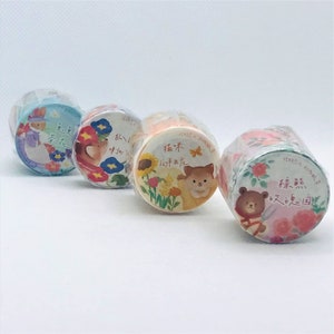 1pcs, kawaii, cartoon, illustration, forest animals, washi tape. Spring. Mouse. Bear. Cat. Flowers. Rabbit