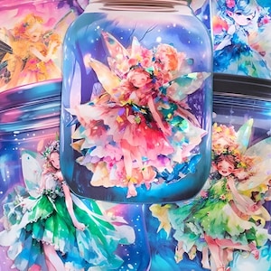 5 große, PET, glänzend, facettiert, Aufkleber. Anime. Feen Mädchen. Geflügelt. Fantasie.