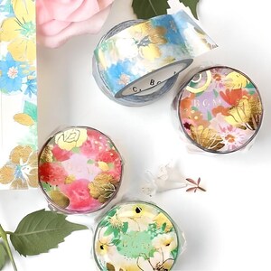 BGM. Japanese washi tape. &quot;Flower Melody&quot; series. Gold foil. Sunflower, rose, American blue, anemone.