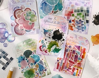 10 PET stickers. Abstract. Geometric. Watercolor splash. Stationery. Bubbles