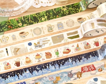 BGM washi tape. Spring 2026. Onsen. Japan. Cats. Sweets. night city. Stamps. Stationery. Coffee shop.