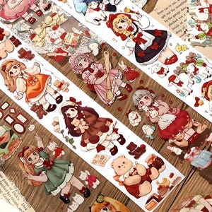 1 rouleau. Kawaii. Dessin animé. Fille d'anime. Ruban adhésif PET. Collage. Autocollants. Fille de berger. Lapin. Ours en chocolat.