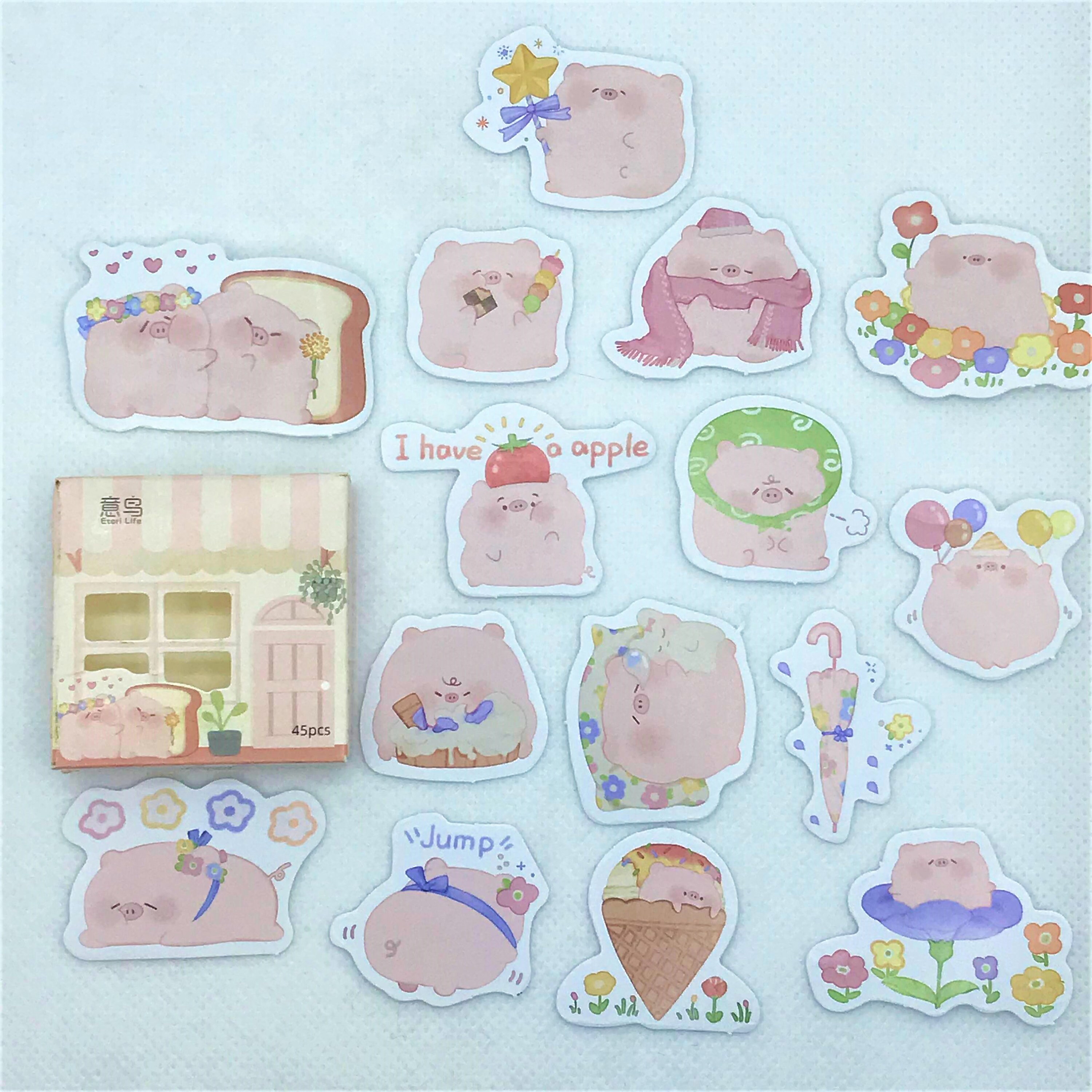 45 Kawaii, Cartoon, Animal Stickers. Pig. Penguin. Bear. Orange