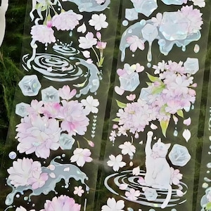 3 estilos. Fita PET. Gato branco com sakura, flores de cerejeira. Vila japonesa tradicional, lótus. Grous de origami de fantasia, baleia voadora