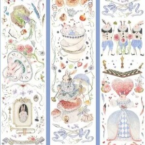 May include: Three rolls of decorative washi tape with a whimsical Alice in Wonderland theme. The tape features illustrations of rabbits, teacups, flowers, playing cards, and other whimsical elements in a watercolor style. The tape is white with a light blue border.