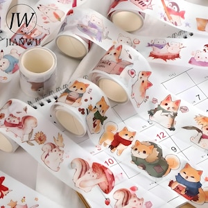 3 animals, designs. Washi tape. Cartoon, kawaii. Shiba dog, wolf, bunny., angel cat, squirrel, yellow bird.
