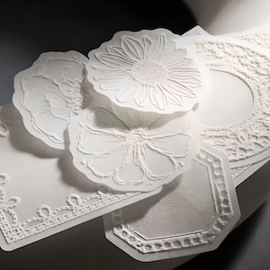 20 geprägte, strukturierte, weiße Papier Aufkleber für Briefpapier. Blüten. Schmetterlinge. Spitze. Rahmen.