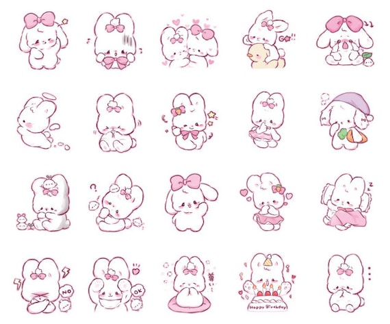 Kawaii Cartoon Baby Bunny Day Stickers Set. Scrapbooking Journal