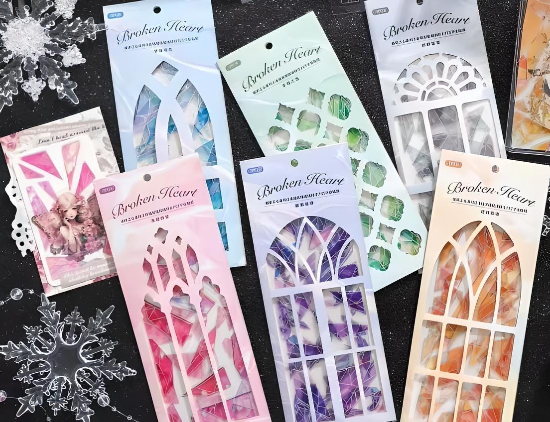 Frosted glass. Stained glass. Shattered glass. Broken glass. Laser foiled. PET stickers. Stationery.