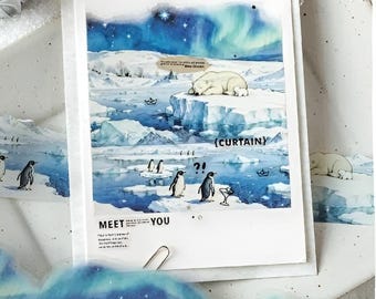 Die cut, PET tape. Scenery. Winter. Snow. Glacier. Polar bear. Penguin. Forest. Stationery