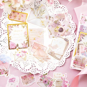 45, lámina de oro, pegatinas de papel washi. Cartas de amor, flores de anémona, románticas.