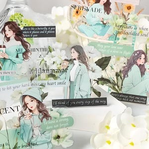 10 Mode Mädchen Sticker. Mädchen mit Katze. Lila Blüten. Kaffeezeit. Alltag. Worte. Positiv Denken