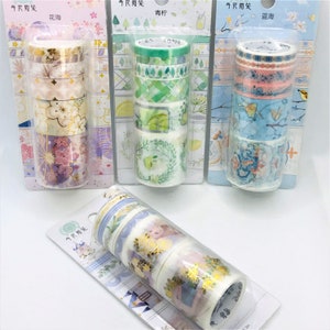 6 stuks set, 1 doos, verijdeld, washi tapes. Meisje en zwaan. Zomerse citroenen. Sakura en parasol